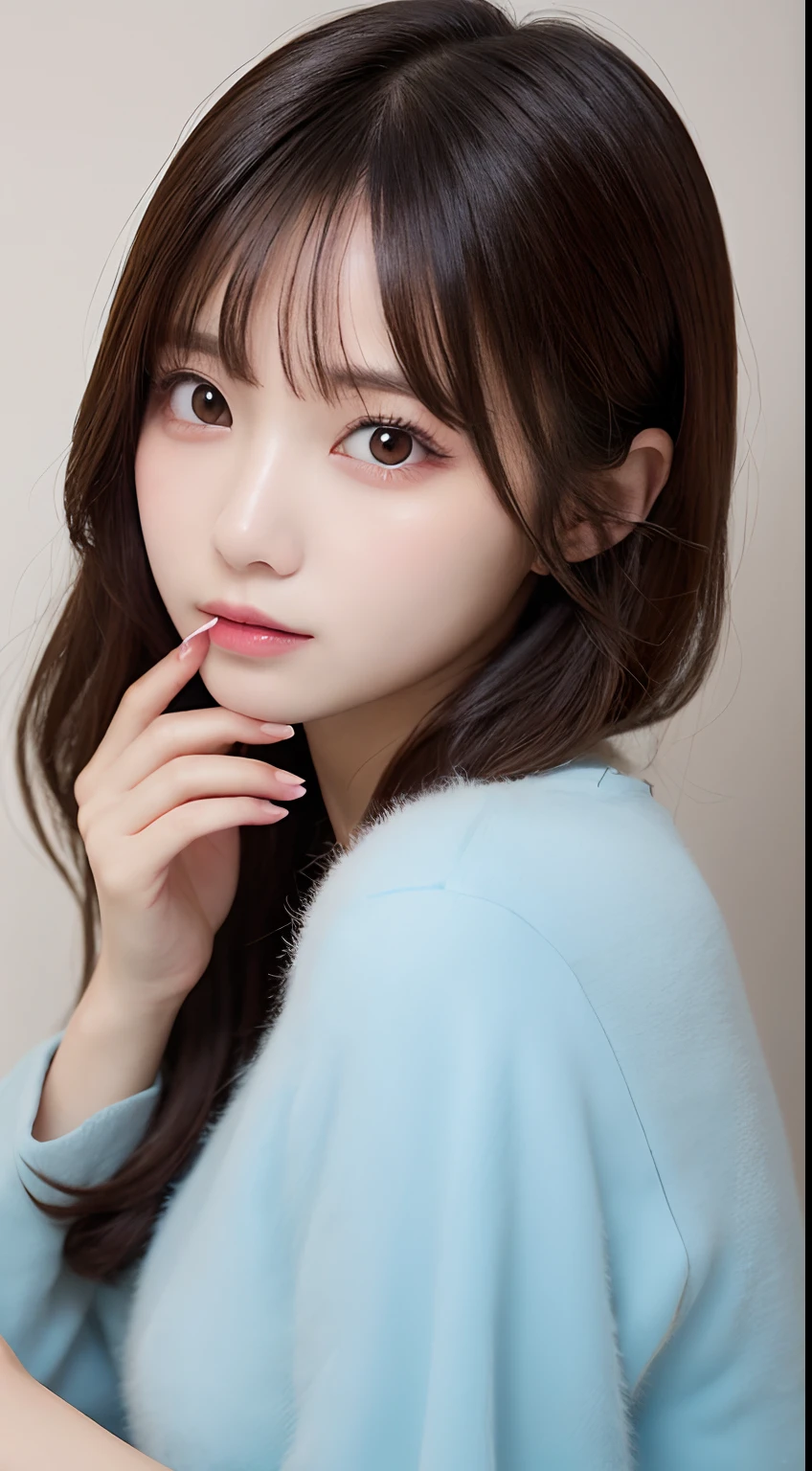 masutepiece, Best Quality, Illustration, Ultra-detailed, finely detail, hight resolution, 8K Wallpaper, Perfect dynamic composition, Beautiful detailed eyes, Wearing fluffy homewear,small ,Natural Color Lip, kawaii pose,20 years girl、Cute、is looking at the camera,Background blur,KPOP Idol Face,futon bedding(bet)