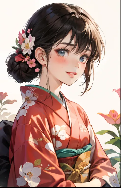 girl with、Background white、without background、A dark-haired、Braiding、with blush cheeks、flowery kimono、florals、taisho roman、Showa Retro、frilld、Smiling、kawaii、without background