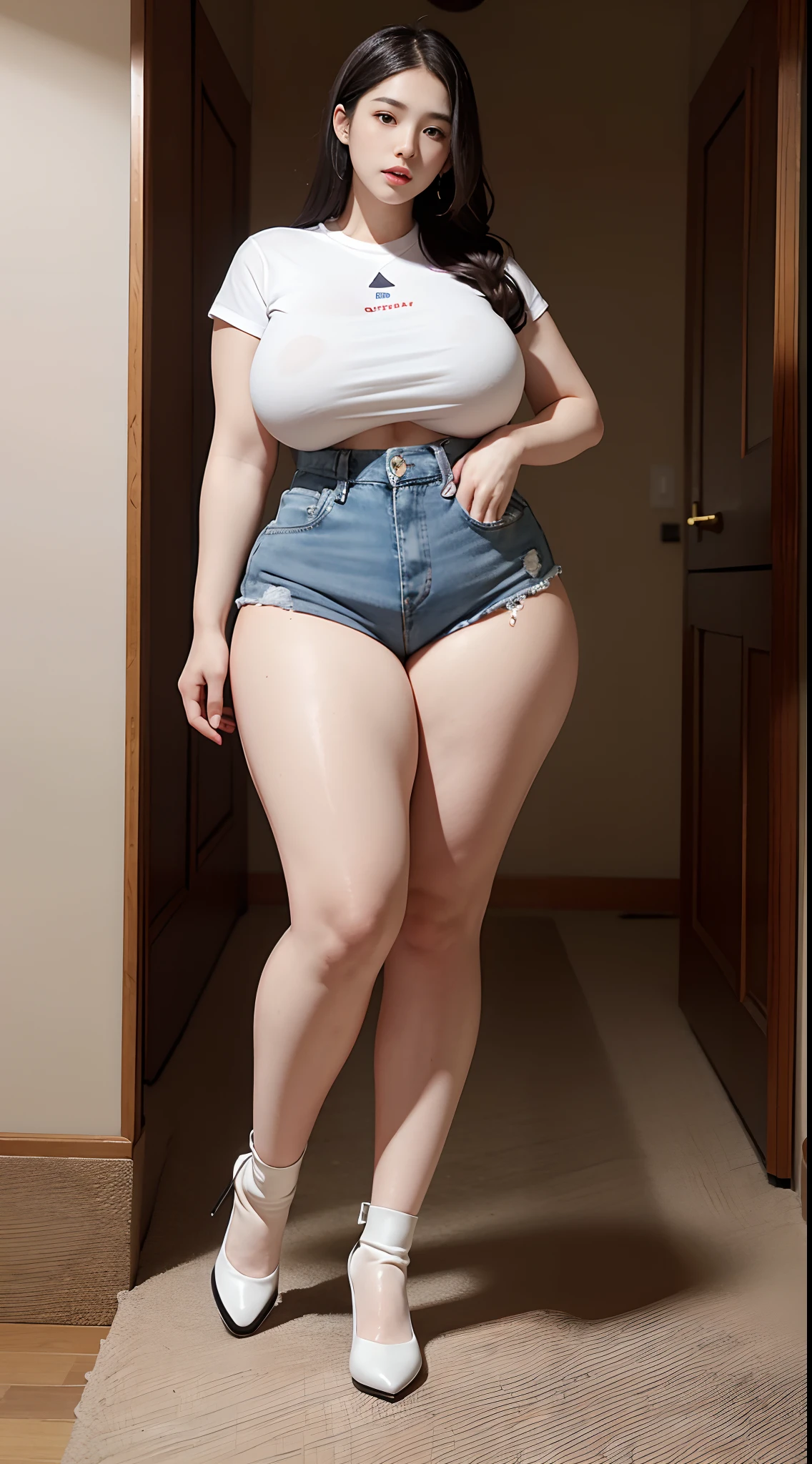 A woman in high waisted shorts and white shirt posing for a picture -  SeaArt AI