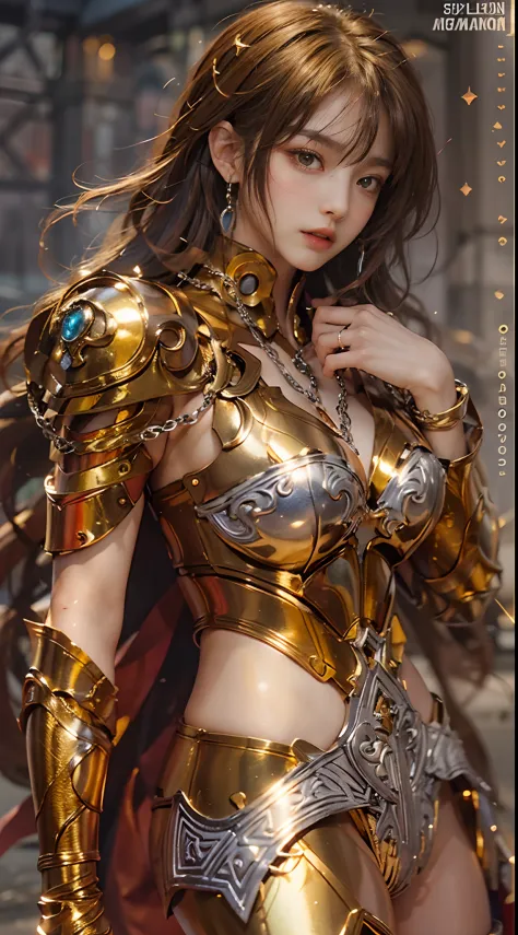 In the martial arts arena of the Colosseum in Greece、Martial Arts Tournaments、Saint Seiya、Beautiful One Girl、huge-breasted、cleavage of the breast、beauty legs、(((He wears a glittering futuristic combat armor in metallic red)))、Shining silver chains are conn...