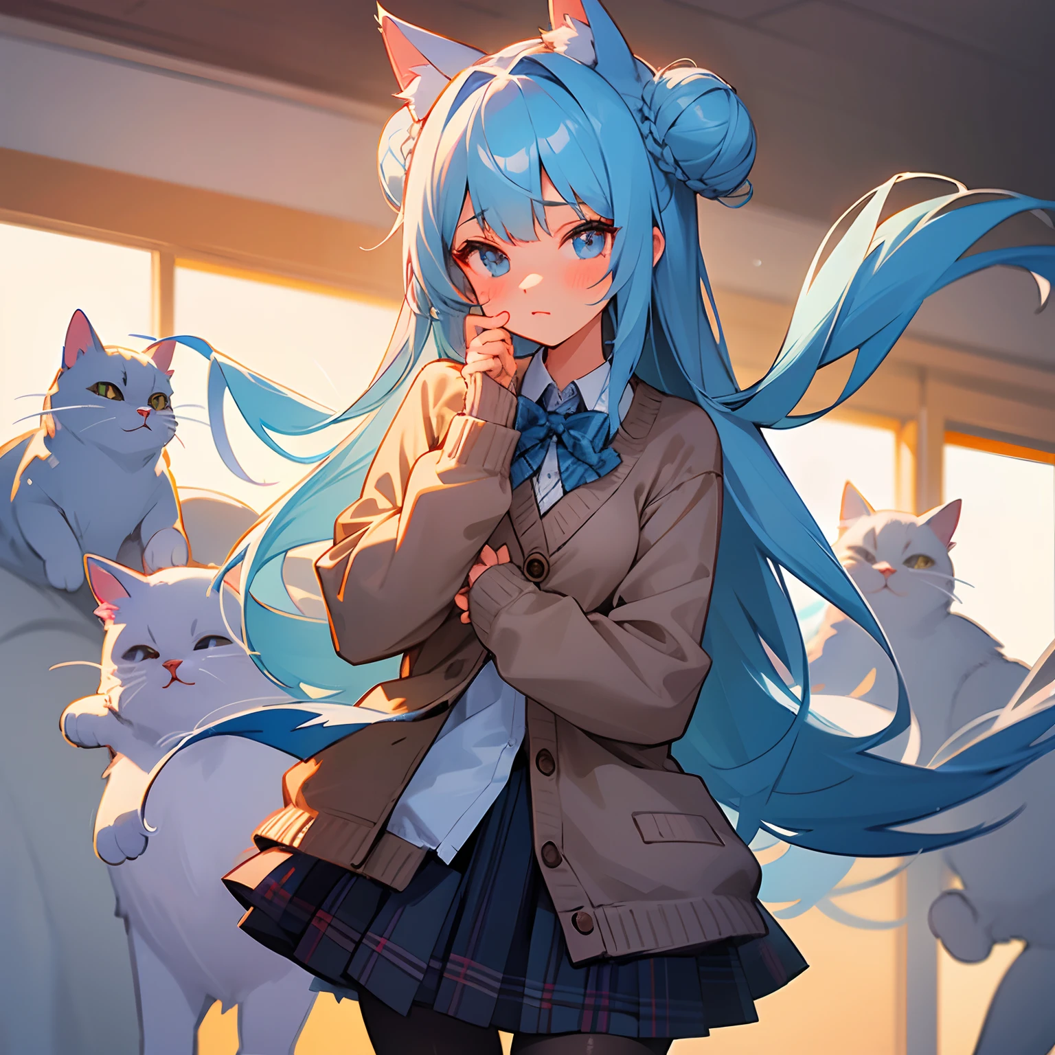 Light blue long-haired。Cat's ears。The hairstyle is 2 buns。The expression is deredere。校服。Plaid blazer。shirt。cardigan。Hide your hands in the sleeves of the cardigan。Plaid skirt。tights。is standing