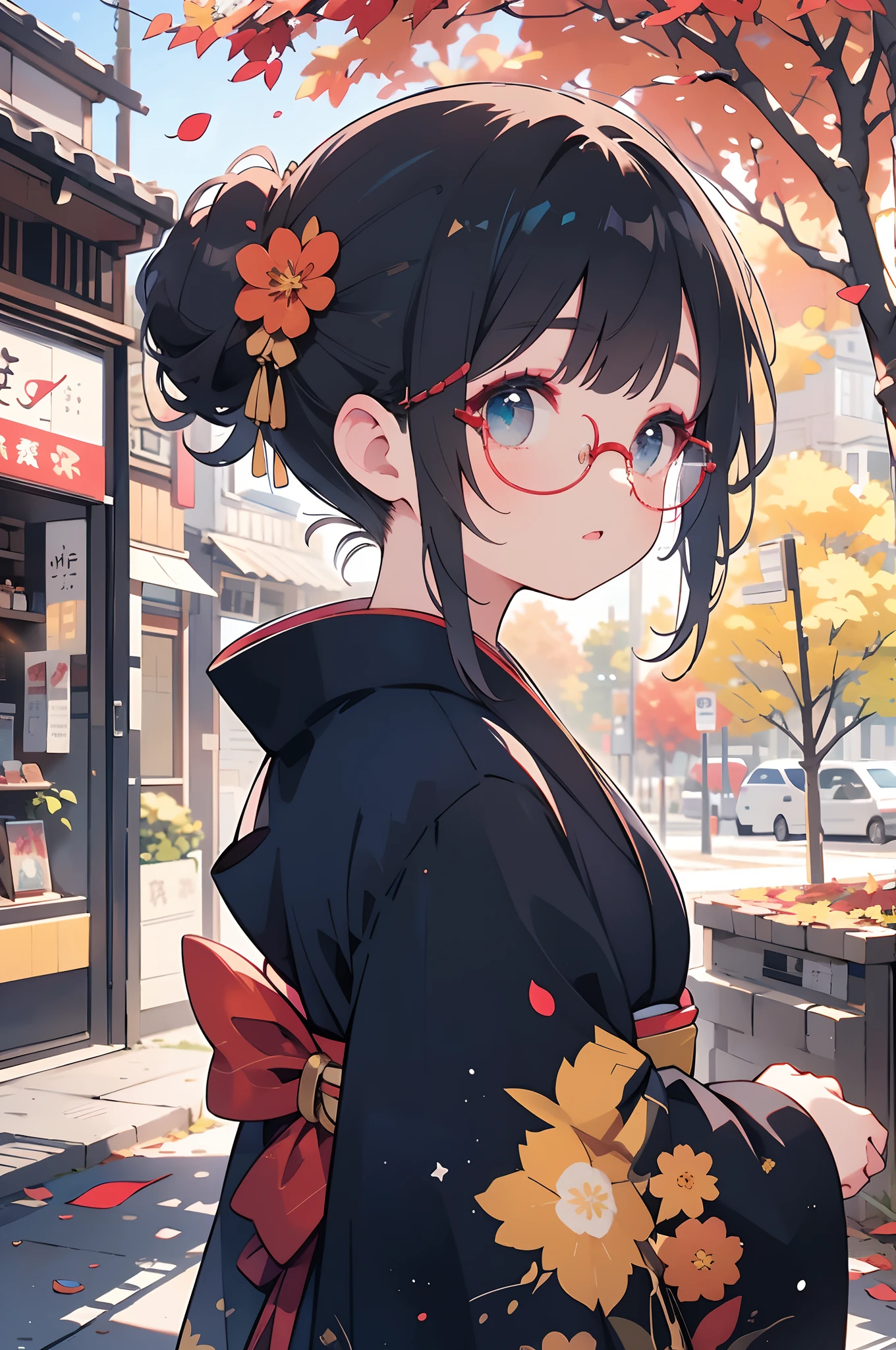 Woman with chignon hair wearing a navy blue and yellow gradient kimono,Black-haired kanzashi,short bangs,Round glasses,Delicate Makeup,Streets of Kyoto,While looking at the red-dyed autumn leaves