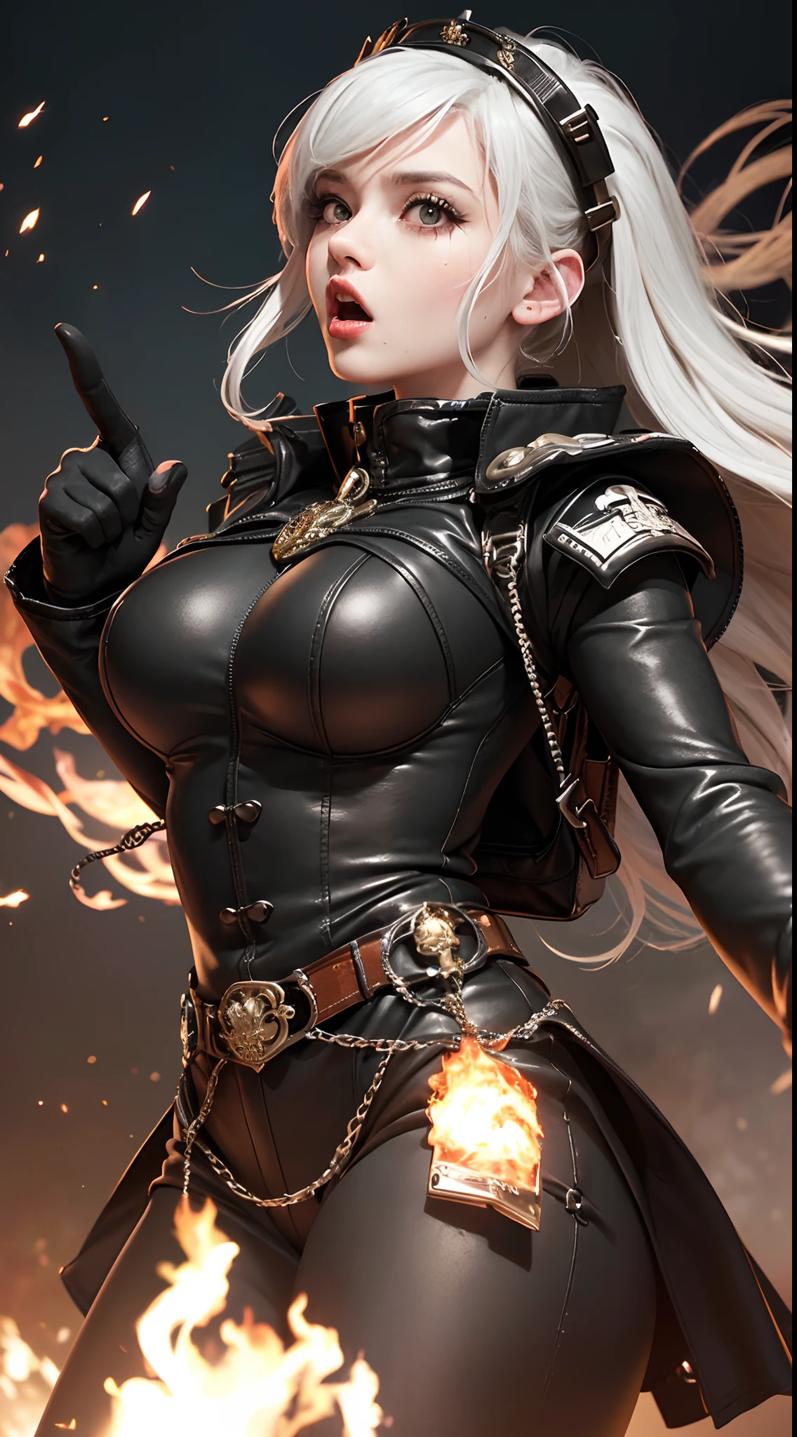 A woman in a black outfit with a sword and a fire - SeaArt AI