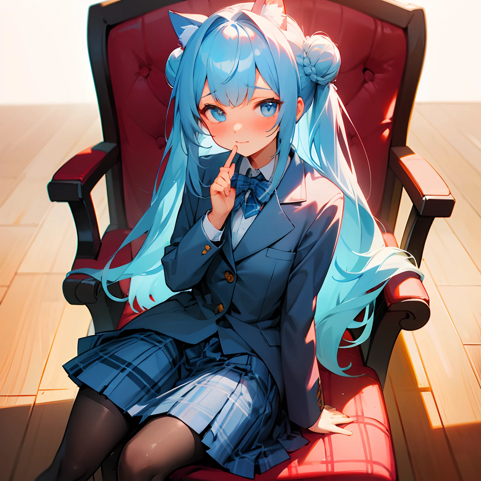 Light blue long-haired。Cat's ears。Hairstyle is 1 bun。The expression is embarrassed。Sitting in a chair。校服。Plaid blazer。Light blue shirt。Plaid skirt。tights