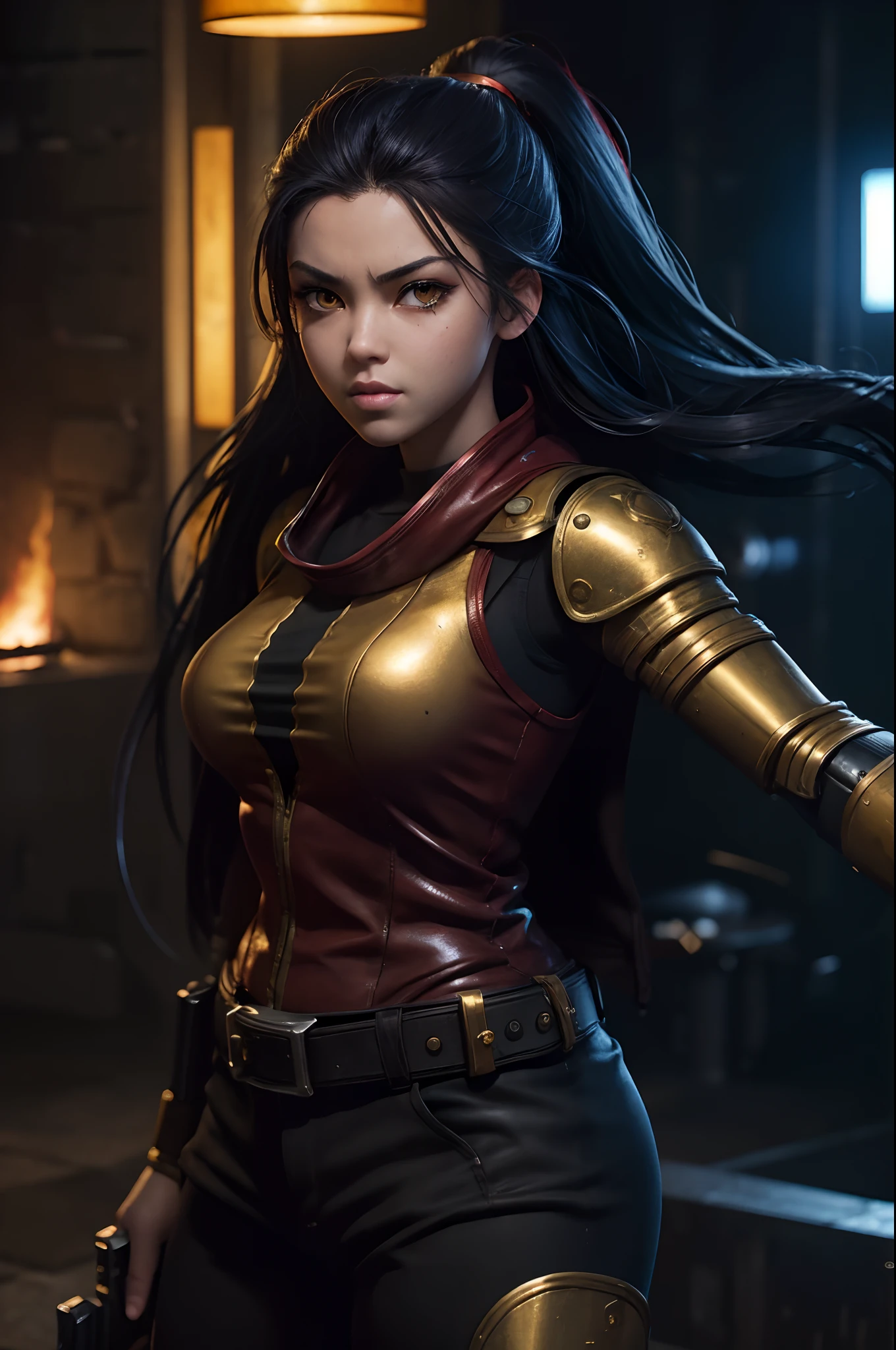 1girl, martial artist, fighting game character, fantasy sci-fi, waifu, robotic hand, gun hand, rust colored hair, golden eyes, plump lips, confident expression, badass, strong girl, expert.