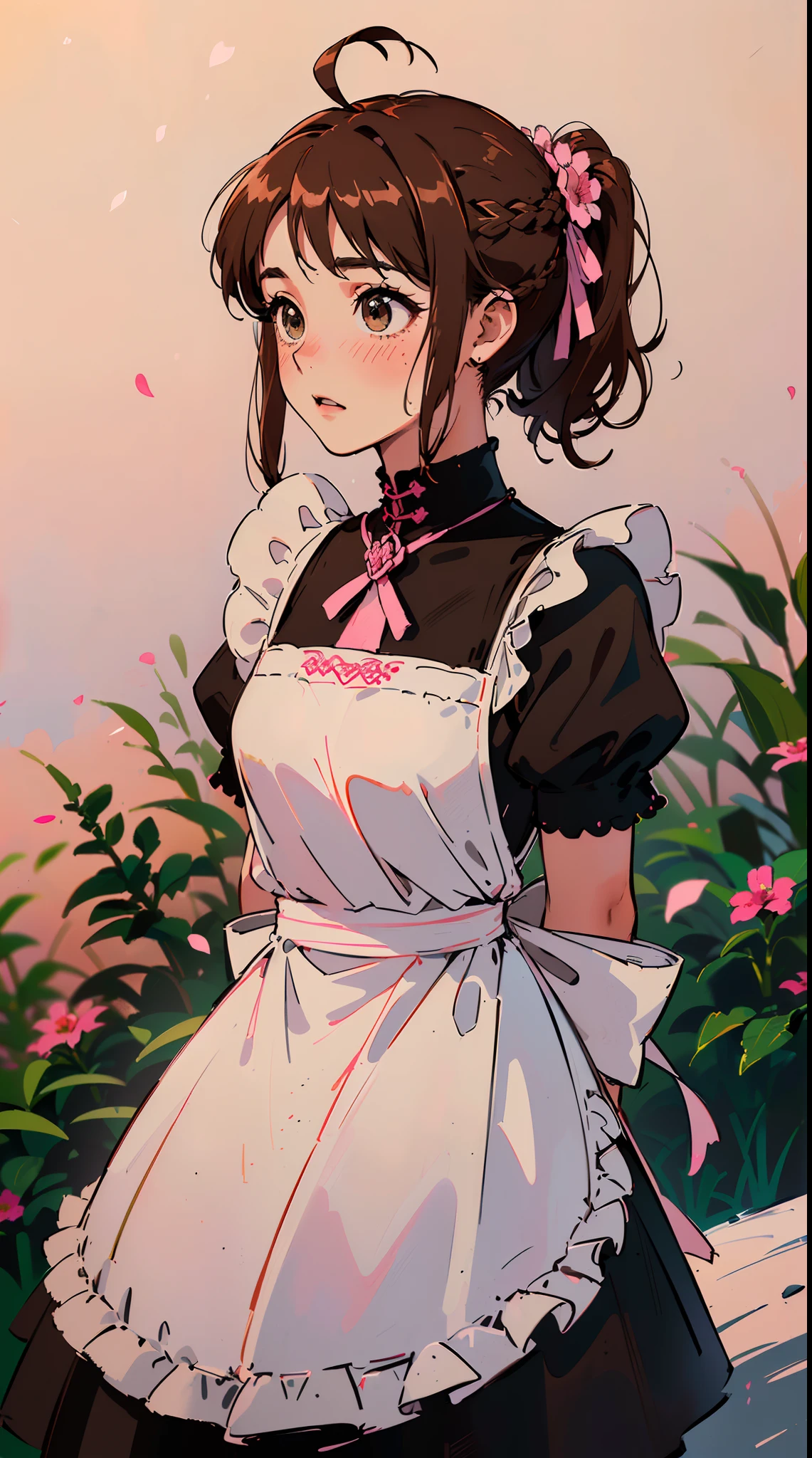 (((((((arms behind back,Blushing,cute cheeks,brown hair，gothic maid apron with flower))))))，((1girl,Solo,under-aged,11years old,short,Amazing,Cute Korean mixed-race girl，rosto magro,))(Masterpiece,Best quality, offcial art, Beautiful and aesthetic:1.2),((HD,Golden ratio,)) (16k),((sakura petals,snow pieces)),(Physically-based rendering),((((on a desert,at night,)))) (((highdetailskin,)))，((hair crown)),((((detailed hairs|middle hair|french braid|knot top|soaked hair|side ponytail|ahoge)))),Slender,thicc,(masterpiece sidelighting),(The sheen),(Beautiful hair,Beautiful eyes,）[[Delicate fingers and hands:0.55]::0.85],(Detail fingers),(((Superior quality,)))),((unbelievable Ridiculous quality,)),((extremely_Detailed_Eyes_and_face)),Movie girl,(Dynamic configuration: 1.2),Brilliant, (Photorealistic), ((pink ribbon on hair)),Ultra-precise depiction, Ultra-detailed depiction
