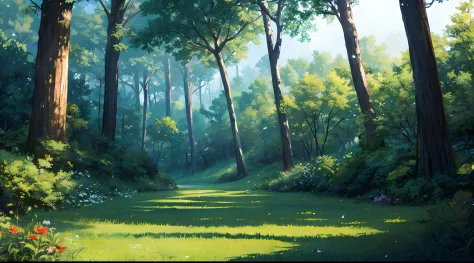 background (anime style) magical forest, main color: light blue