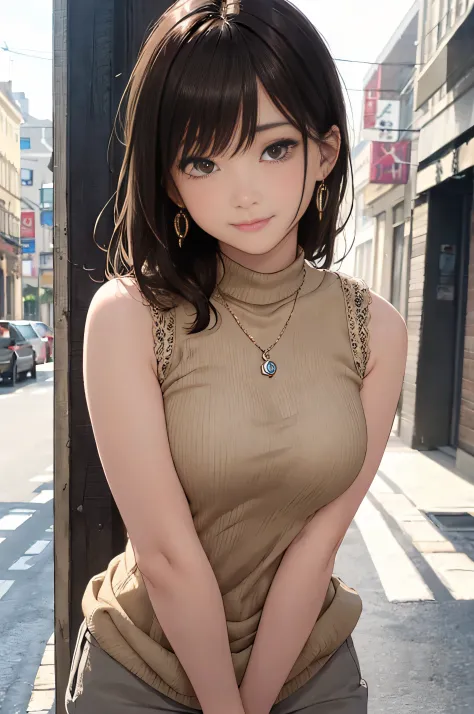 (Light Beige Turtleneck Sleeveless Knit)、pencil skirts、20 year old girl, breasts of medium size,, Puffy nipple、strong emphasis o...