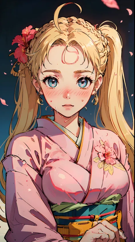 (((((((Blushing,cute cheeks,blonde hair，large wedding kimono with flower))))))，((1girl,Solo,Amazing,Cute Korean mixed-race girl，rosto magro,))(Masterpiece,Best quality, offcial art, Beautiful and aesthetic:1.2),((HD,Golden ratio,)) (16k),((sakura petals,sn...