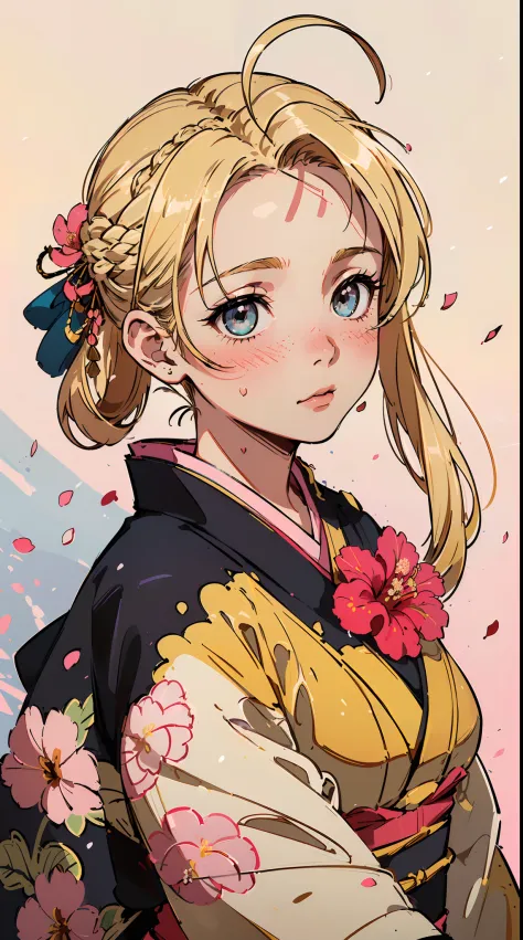 ((((((( ,Blushing,cute cheeks,blonde hair，large flower wedding kimono))))))，((1girl,Solo,Solo,Solo,Amazing,Cute Korean mixed-race girl，rosto magro,))(Masterpiece,Best quality, offcial art, Beautiful and aesthetic:1.2),((HD,Golden ratio,)) (16k),((Rose peta...