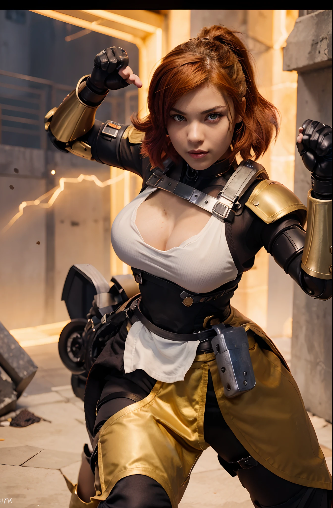 1girl, martial artist, fighting game character, fantasy sci-fi, waifu, robotic hand, gun hand, rust colored hair, golden eyes, plump lips, confident expression, badass, strong girl, expert.