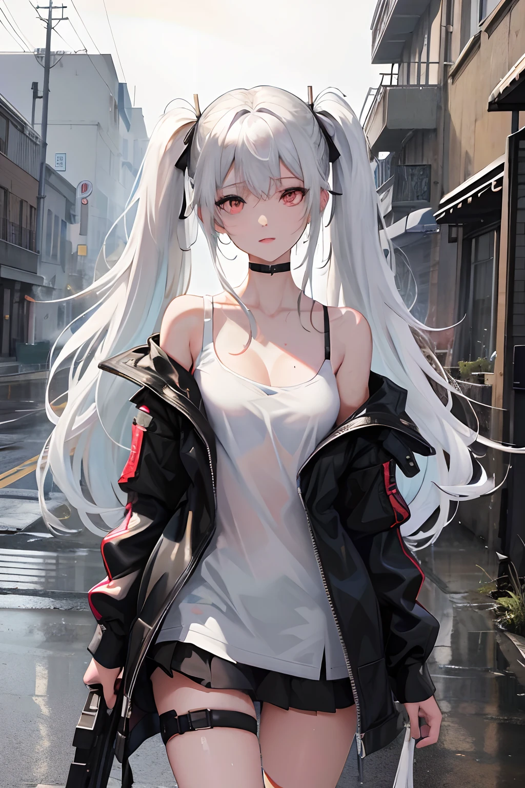 Anime girl with long white hair and black leather jacket is walking down the street, Girl with white hair, anime style 4 k, artwork in the style of guweiz, perfect gray hair girl, Anime style. 8K, guweiz, Seductive Anime Girl, guweiz on pixiv artstation, Cyberpunk Anime Girl, best anime 4k konachan wallpaper