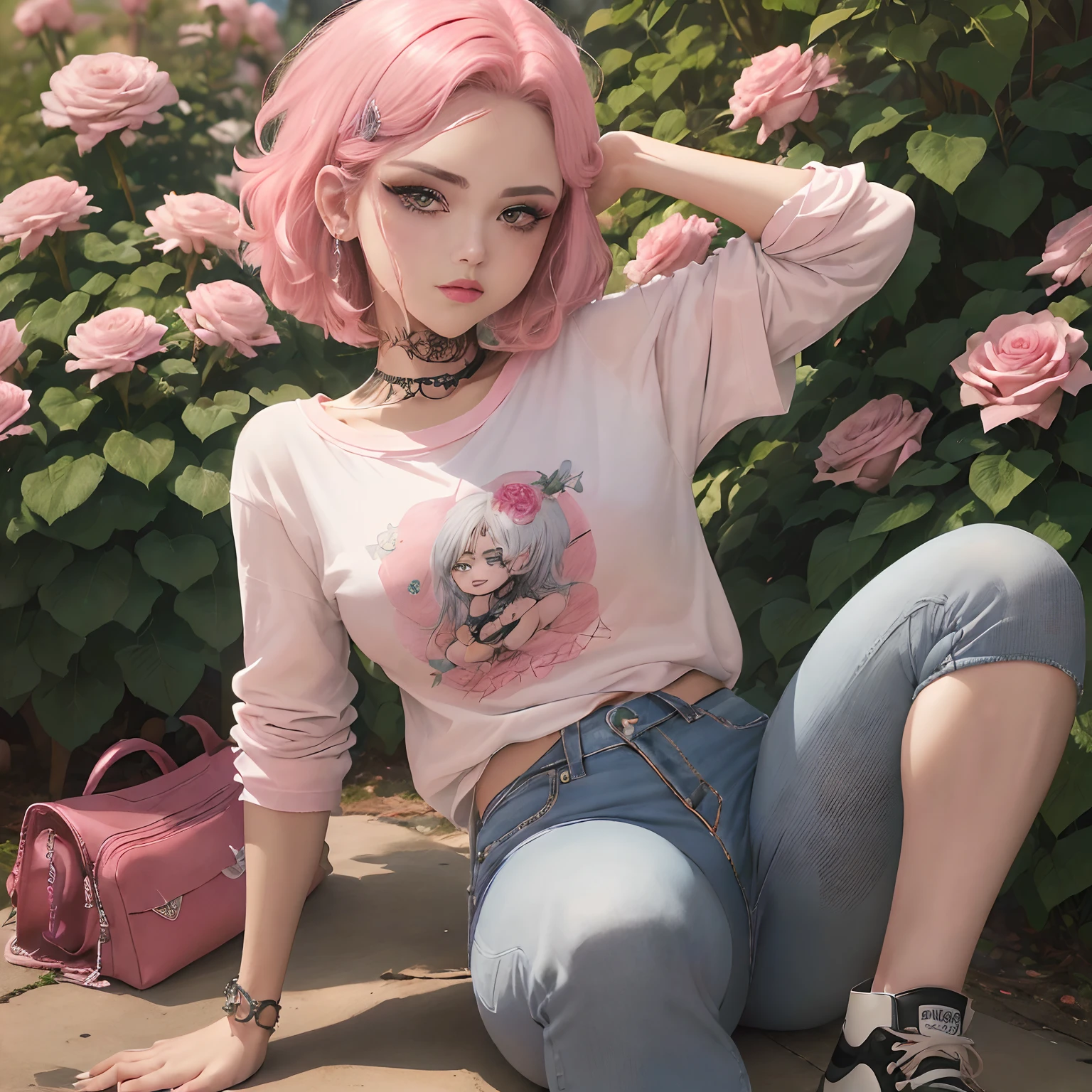 (((desenho animado emo)))) Courtney mulher fada loira, Penteado emo rosa feminino, camisa cavada  rosa emo, ...(("ASAS PRETAS E COR DE ROSAS"))... meias pretas e rosas, calça emo rosa, Converse rosa. no meio de  UM JARDIM DE ROSAS PRETAS