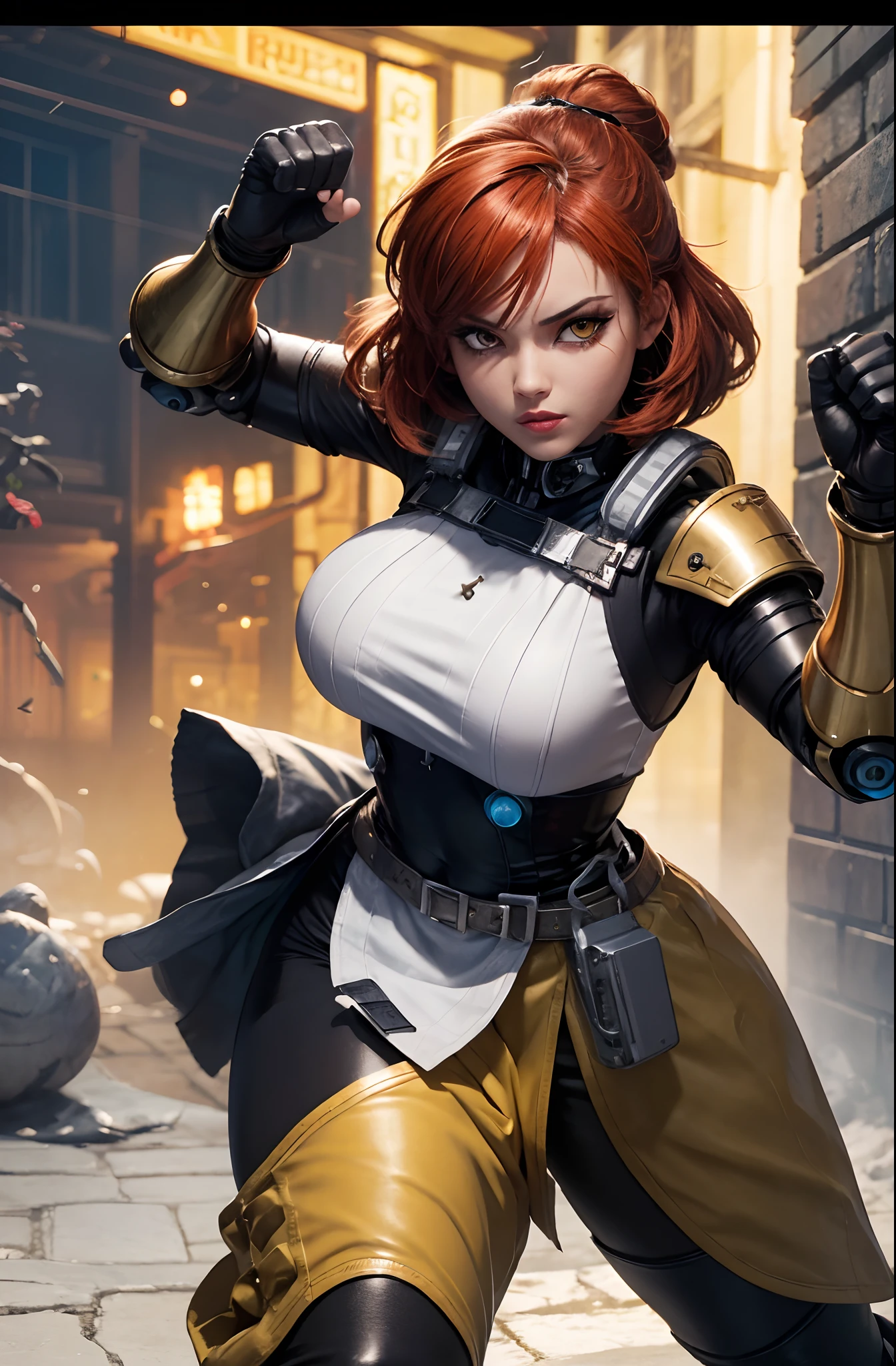 1girl, martial artist, fighting game character, fantasy sci-fi, waifu, robotic hand, gun hand, rust colored hair, golden eyes, plump lips, confident expression, badass, strong girl, expert.