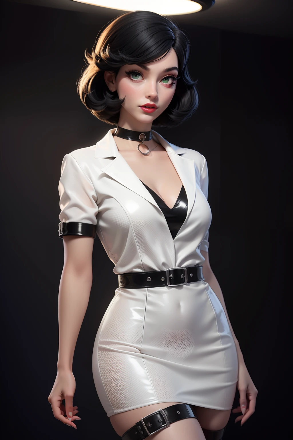 uma femme fatale sexy, mulher com vestido pontilhado preto e branco, usando vestido pontilhado preto e branco, vestindo moda dos anos 1960, Roupas estilo anos 60, Estilo de pano dos anos 1960, vibe retrô distópica dos anos 1960, cabelo preto liso, olhos verdes, delineador preto, lábios vermelhos, seios médios, cobriu o mamilo pequeno, olhar de espião, látex preto e branco, Arnês de pernas de látex branco, gargantilha branca, Luz dramática, iluminação de cinema da década de 1960_sci-fi, chadpo