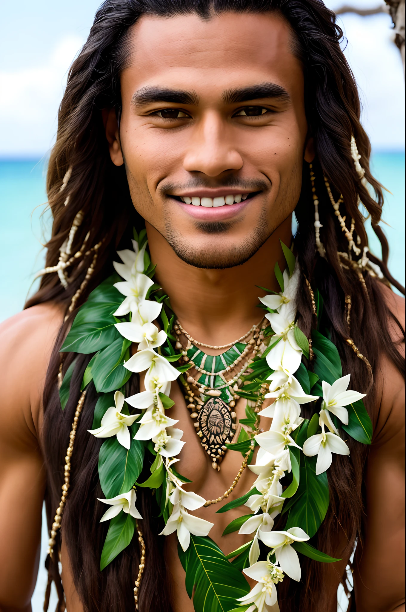 A close up of a man with a flower necklace and a necklace - SeaArt AI