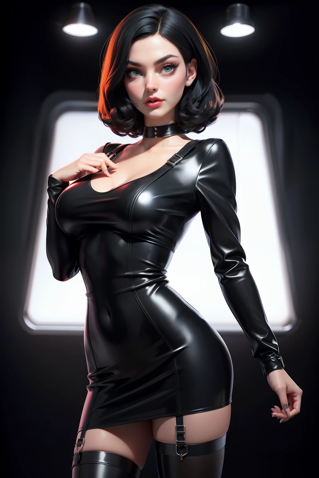 a sexy femme fatal, woman in a black dress, wearing black dress, wearing 1960s fashion, 1960s style clothing, 1960s cloth style, dystopian retro 1960s vibe, staight black hair, green eyes, black eye liner, red lips, medium breasts, covered small nipple, Spy look, Black latex, Black latex body leg harness, white choker Dramatic Light, cinema lighting from the 1960s vintage_sci-fi, chadpo