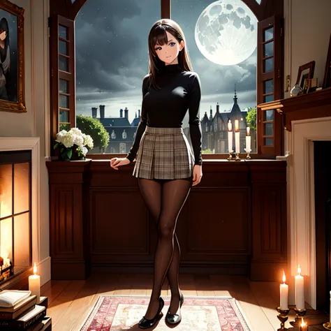 1 girl, brown hair, blue eyes, grey turtleneck, shirt, skirt, ballerina flat shoes, tights, smile, study, mansion, amazing scene...