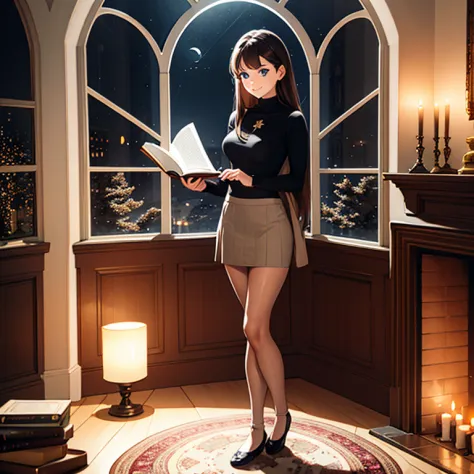 1 girl, brown hair, blue eyes, grey turtleneck, shirt, skirt, ballerina flat shoes, tights, smile, study, mansion, amazing scene...