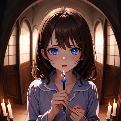 1 woman, brown hair, blue eyes, cute pajamas, holding candle, flower shaped pupils, scared expression, tears, dark, dark hall wa...