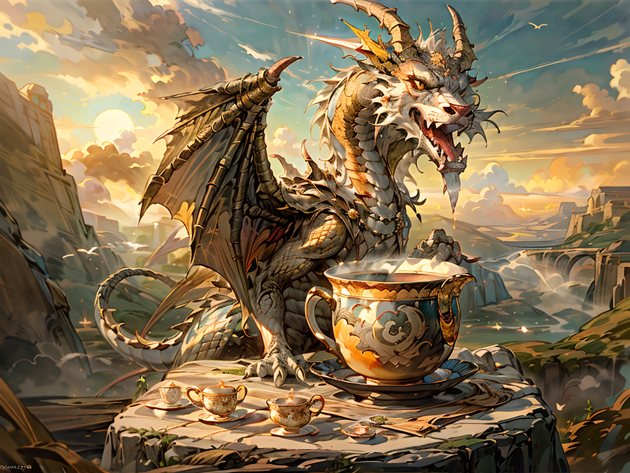 a picture of a gold dragon sitting on a massive rock , (holding a tea cup: 1.3), (drinking hot tea from a porcelain tea cup: 1.5) (best details, Masterpiece, best quality :1.5), dragon_real cloudy skies background, an epic gold dragon (best details, Masterpiece, best quality :1.5) extremely detailed dragon,  horns, dragon_wings, dragon wings wide spread, ultra detailed face,  the tea cup is majestic, with intricate decorations  (best details, Masterpiece, best quality :1.3), steam rising from the tea cup, birds view, sun rays, red divine rays, sun rays reflected in clouds (best details, Masterpiece, best quality :1.5), sense of serenity sense of awe majestic atmosphere, ultra best realistic, best details, best quality, 16k, [ultra detailed], masterpiece, best quality, (extremely detailed), ultra wide shot, photorealism, depth of field, hyper realistic painting,