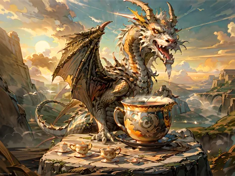 a picture of a gold dragon sitting on a massive rock , (holding a tea cup: 1.3), (drinking hot tea from a porcelain tea cup: 1.5...