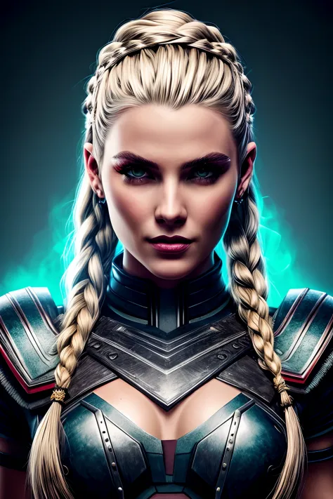 mulher cyberpunk inspirada em vikings, corpo inteiro, Meio Viking, Roupa meio Cyberpunk raspada vermelha, Blonde hair on the sid...