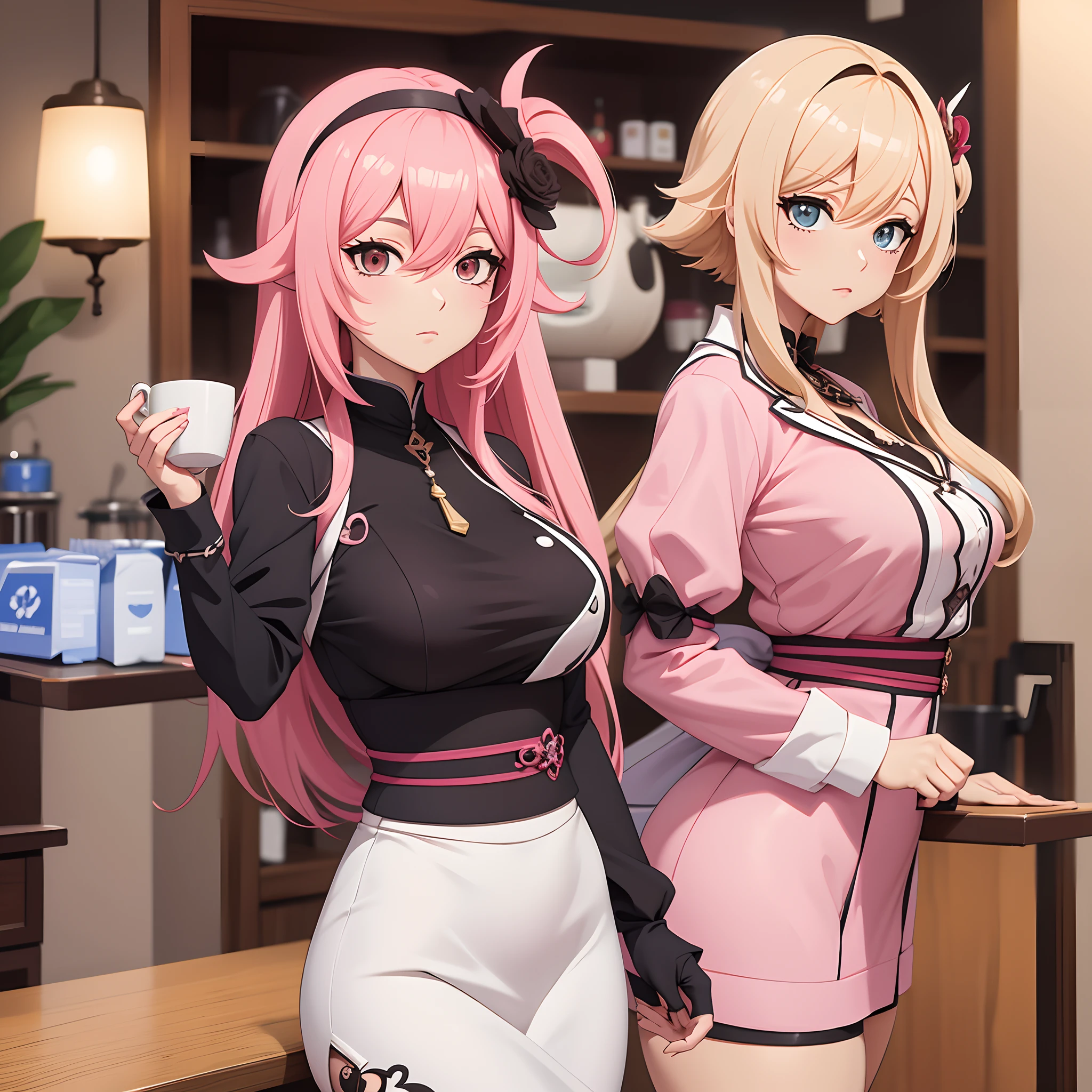 sexy girl, pink short hair girl, Coffee Attendant Outfit, アニメ, estilo Genshin Impact, traço アニメ game Genshin Impact