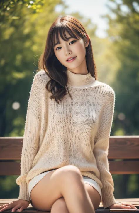 Close-up of a woman sitting on a bench wearing a sweater, Beautiful Asian  girl, Asian girl, Japanese model, Yoshitomo Nara - SeaArt AI