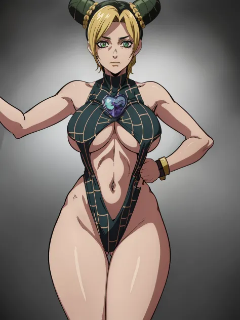 HDR, CG, sharp focus,(8k), (4k), (Masterpiece), (Best Quality),best quality, 1girl, solo, jolyne, closed mouth, looking at viewer, simple background, cowboy shot, naked, short hair, thick thighs, big breasts, thin waist, hourglass figure, ass