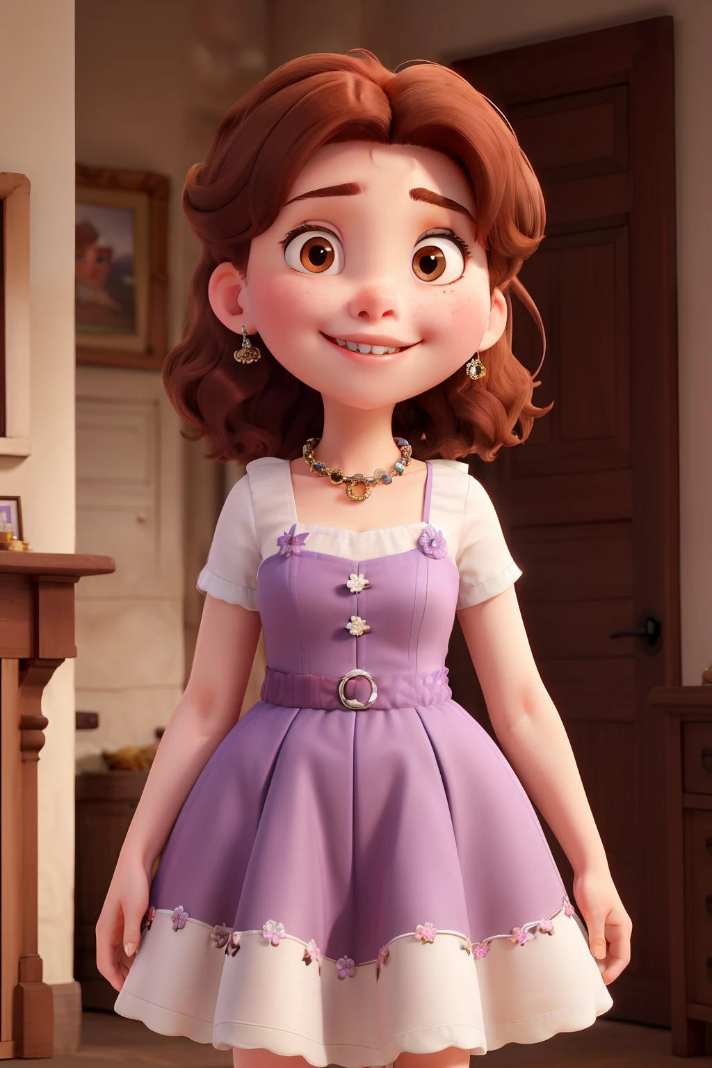 A white toothy 20-year-old girl, oval face reddish brown hair chanel brown eyes thick arched eyebrow full lips in lilac dress