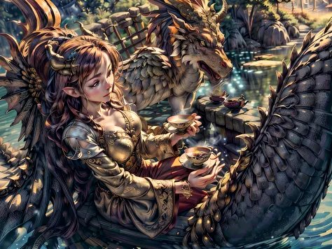 a picture of a gold dragon sitting on a massive rock , (holding a tea cup: 1.3), (drinking hot tea from a porcelain tea cup: 1.5...