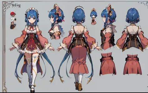 a person, reference sheet, (Fantasy character design, Front, Back, Side) girl, lolita dress, long blue hair, blue eyes, beautiful