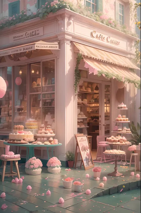 (best quality,4k,8k,highres,masterpiece:1.2),ultra-detailed,(realistic,photorealistic,photo-realistic:1.37),beautifully-crafted scene,cafe scenario,decorated with cakes and cookies,studio ghibli-inspired,soft pastel colors,delicate pink candies,filled with...