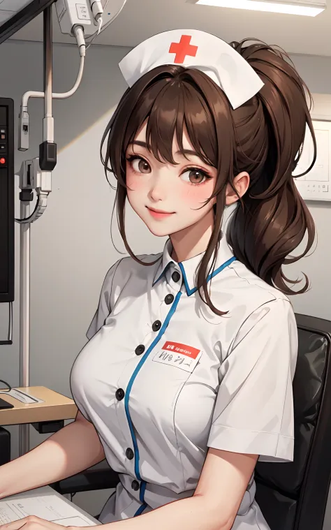 1lady solo, nurse, /(nurse uniform/), /(brown hair/) hair up, blush kind smile, (masterpiece best quality:1.3) delicate illustra...