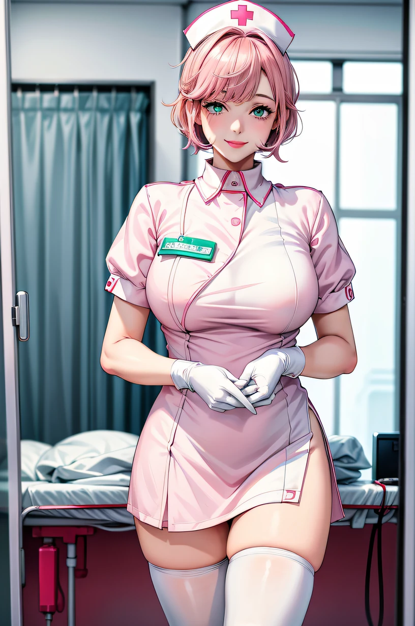 1woman, solo, nurse, nurse cap, white wear, ((white legwear, zettai ryouiki)), white gloves, pink hair, green eyes, drooping eyes, pink lips, smile, standing, ((hospital room)), sharp outline, short sleeves, mature female, 32 years old, best quality, masterpiece