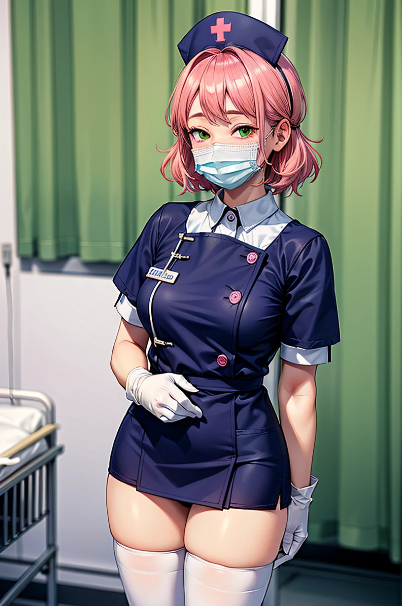 1woman, solo, nurse, nurse cap, white wear, ((white legwear, zettai ryouiki)), white gloves, pink hair, green eyes, drooping eyes, ((white surgical mask, covered nose)), standing, ((hospital room)), sharp outline, short sleeves, mature female, 32 years old, best quality, masterpiece