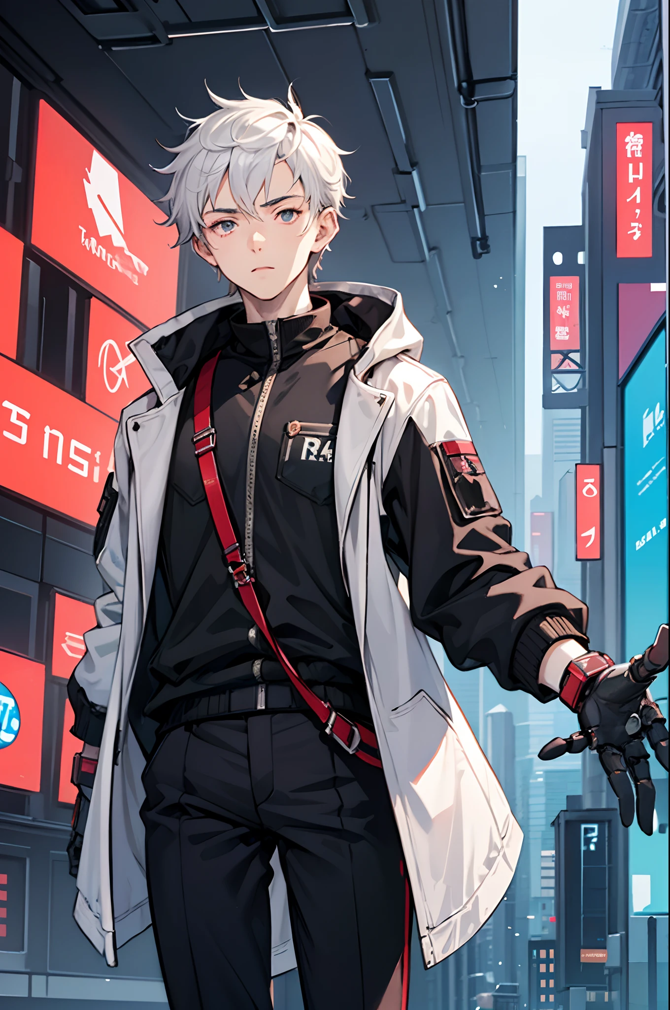 A 1 teenage boy, a boy engineer and artificer, robot boy, height 1.6m, weight 60kg, pale skin tone, without a beard, without a goatee, no facial hair, no body hair, white hair color, straight hair, pointed ears, futuristic black jacket, cyberpunk black clothes, anime robotic mixed with organic, silver haired boy, cyber powers, scientific powers