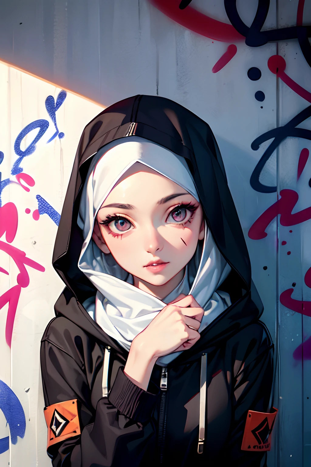 ,1 garota, Sozinho, cara bonita, cílios, nariz, Lábios brilhantes, (olhos detalhados, Olhando para o visualizador, Pele clara, Pele branca: 1.5), Pele macia, usando hijab, Retrato 8k de beleza em hijab, Intrincado, gracioso, Altamente detalhado, majestoso, Fotografia digital, hiper-realista, obra de arte, melhor qualidade, Todas as partes do corpo, exceto o rosto e as mãos, estão cobertas com roupas, Tampa, ((Não deixe o cabelo sair do hijab)), hijab completo, ((todas as partes do corpo cobertas por roupas, exceto o rosto)), melhor qualidade, (grafite:1.5), respingos de tinta, jaqueta, na parede, lata de tinta, Olhando para o visualizador, cabeça inclinada, cor da roupa bandeira da palestina, (Use um uniforme militar com capuz cyberpunk), cidade ciberpunk