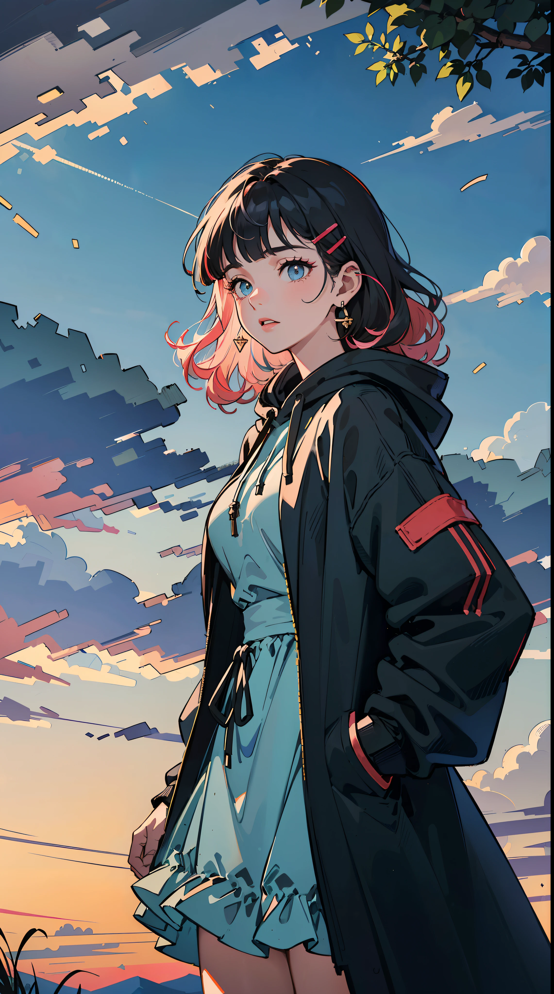 ((((frills,large black hoodie,))))((hands in pockets,))(Masterpiece illustration,Beautiful and aesthetic:1.2,head up,aim to sky), Best quality,Top quality, Epic quality,((((nature,on a hill,the top of the hill   ,outdoor,cloudy,))))(moonlight,moon glare, god light, perspective from above,focus on face,))Neat face,,mature,Beautiful detailed hair，pink hair，hyper HD, retinas, Textured skin, A high resolution, 16k ，((hairclip,blunt bangs,sidelocks,middle hair，natural curly hair)),Detailed face, 1JK, lady,Solo, Perfect face, Very amazing girl,((covered by thin translucent cloth,skindentation,high waist skirt,black streaked blue coat,large cloak,metal earrings,spiral earrings)),rim-light