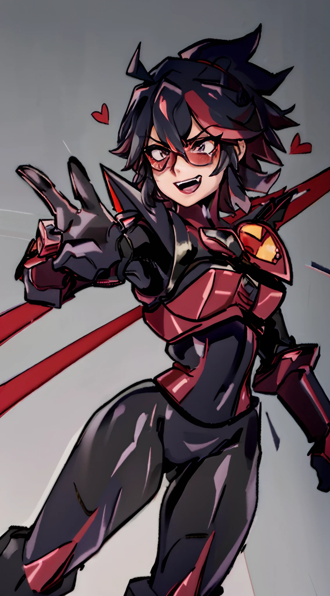 (Best quality, 4k, 8k, Ultra HD, high resolution, masterpiece), Ryuko Matoi as Mettaton, full spandex/latex attire (reds and blacks), neon lights, flawless makeup, happy singing pose, fierce expression, long hair, simple greyscale background, sleek design, captivating stage presence, captivating red lipstick, confident stance, fashion model, anime glasses, anime tinted red shades, black latex pants, black latex corset, holding a large stage microphone, performance microphone, black microphone, singing stance, extremely tight corset, red bow tie around neck, medium nougat-skin color, heart-shaped silver belt buckle, thick armored metal belt, heart on armored red chestplate, bobcut black hair, dark brown black hair, heavily armored black cuirass, chest encased in armor, black turtleneck armored, wide hips, black hair, thick flowing dark brown hair,black undersuit, white mascot gloves, cuffed gloves