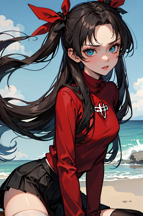 (masterpiece), best quality, expressive eyes, perfect face, 1girl, solo, rintohsaka, rin tohsaka, aqua eyes, black hair, hair ri...