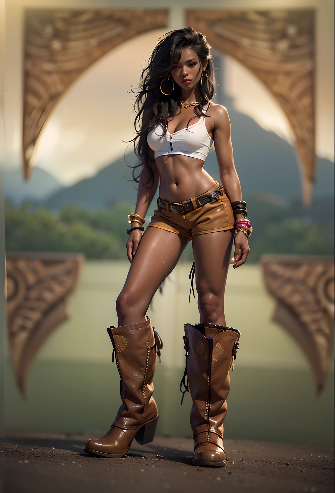 ((21-year-old))) black girl, (((light skin))),  (((close-up full body pose))),  (((long wavy black hair))), (((tan pantyhose with skimpy shorts))), (((wearing daisy-duke shorts, white shirt, unbuttoned half way, cowboy boots))), african tribal tattoo sleeve, dark fantasy art, Rich, Deep Colours, (intricate details:0.9), (HDR, hyper-detailing:1.2), (natural skin textures, hyper realisitc, wet skin, soft light, Sharp),