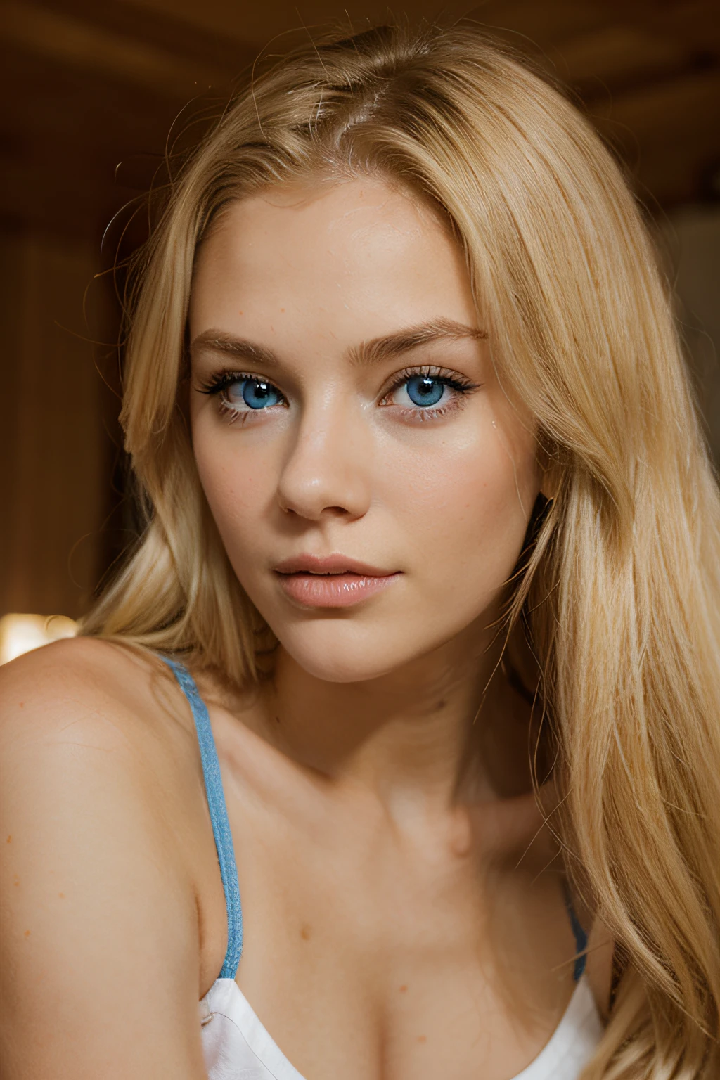 A close up of a woman with long blonde hair and blue eyes - SeaArt AI