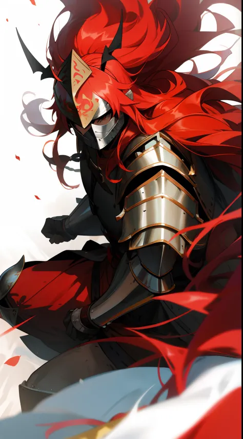 anime warrior strong guy, red long hairs, wearing a knigth medieval armor, closed helmet