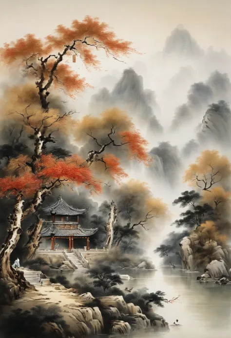 Chinese，Chinese landscape，Traditional Chinese painting，Ancient rhyme Jiangnan，Yamakawa，Cypress，Pavilions，Leave white space，elegant