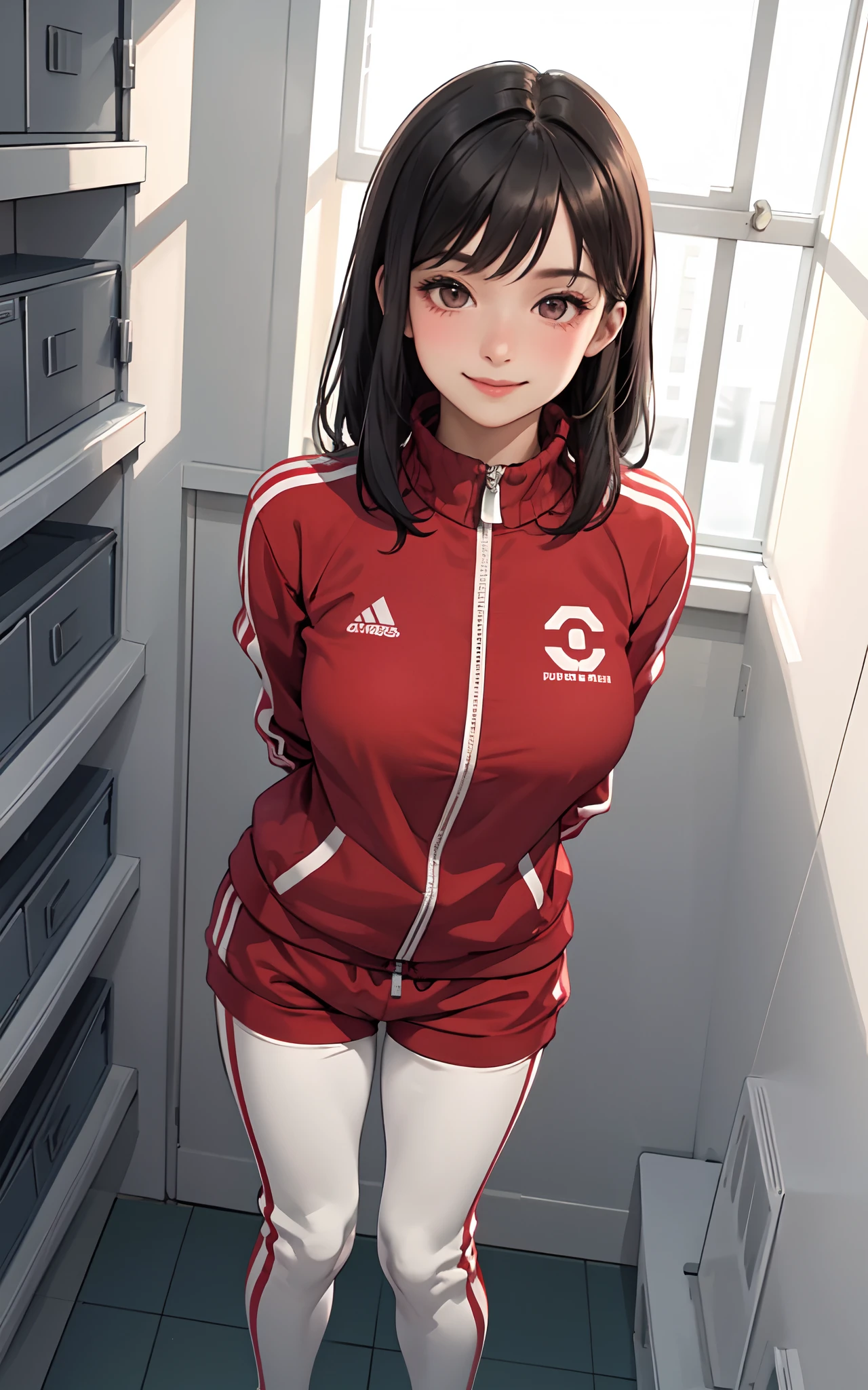 1lady solo, standing, mature female, /(stylish tracksuit long sleeve/) /(sports spats/), /(black hair/) bangs, blush kind smile, (masterpiece best quality:1.2) delicate illustration ultra-detailed, large breasts, /(arms behind back) BREAK /(locker room indoors/)