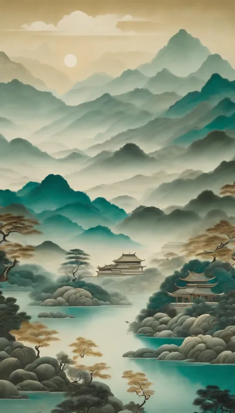 An idyllic Chinese mural, Teal and light gray style, Layered landscape, japanese style art, monumental murals, Ricoh FF-9D, Golden Age aesthetics, Exotic landscape