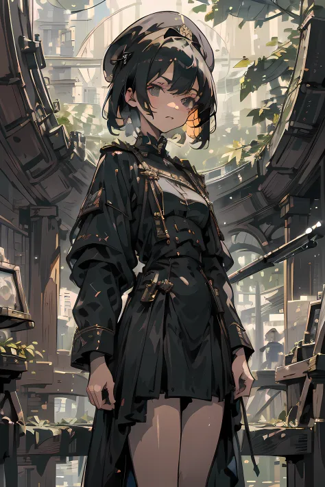 (best quality,4k,highres,ultra-detailed,masterpiece),(impressionism:1.4), Cool anime Girl, black short hair, black hair, bangs, 21 years old, mature, young, black clothes, black uniform, black cap, military school beauty Heroic and heroic indoor background...
