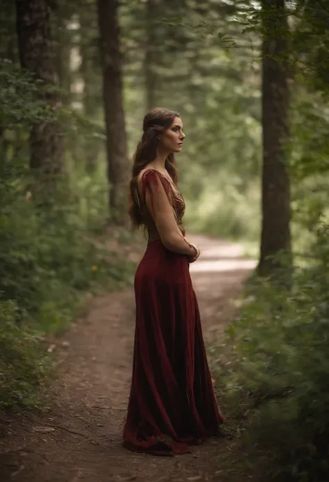 A woman in a red dress walking through a forest - SeaArt AI